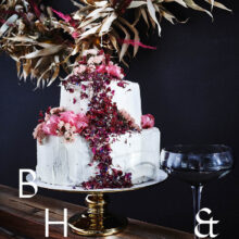 Food photography of white and pink wedding cake topped with pink raspberries and flowers in front of black background