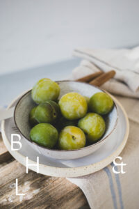 Reneclaude in a white ceramic bowl, silverware on a wooden bench with linen dish towel and sunshine