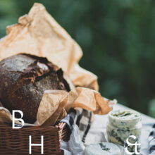 Food photography with bread, goat cheese and garlic butter