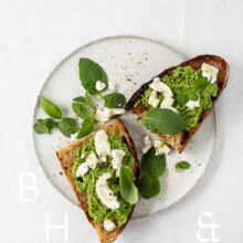 Roasted sourdough bread with pea spread and goat cheese