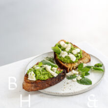 Roasted sourdough bread with pea spread and goat cheese