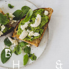 Roasted sourdough bread with pea spread and goat cheese