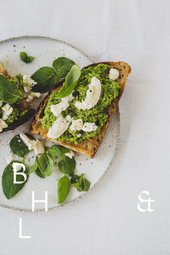 Roasted sourdough bread with pea spread and goat cheese