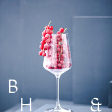 Food photography of frozen currants in a frozen glas on a light blue background