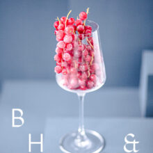 Food photography of frozen currants in a frozen glas on a light blue background