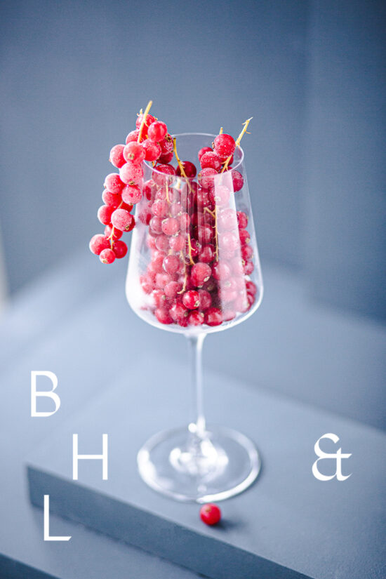 Food photography of frozen currants in a frozen glas on a light blue background