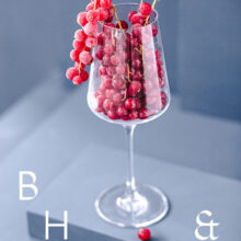 Food photography of frozen currants in a frozen glas on a light blue background