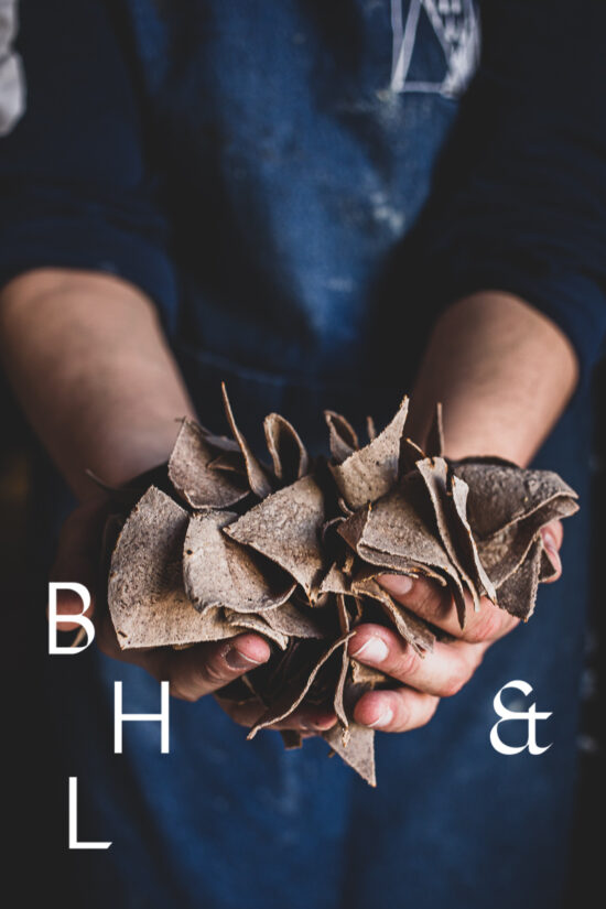 Food photography and food reportage about Maizajo and two hand holding brown tortilla chips
