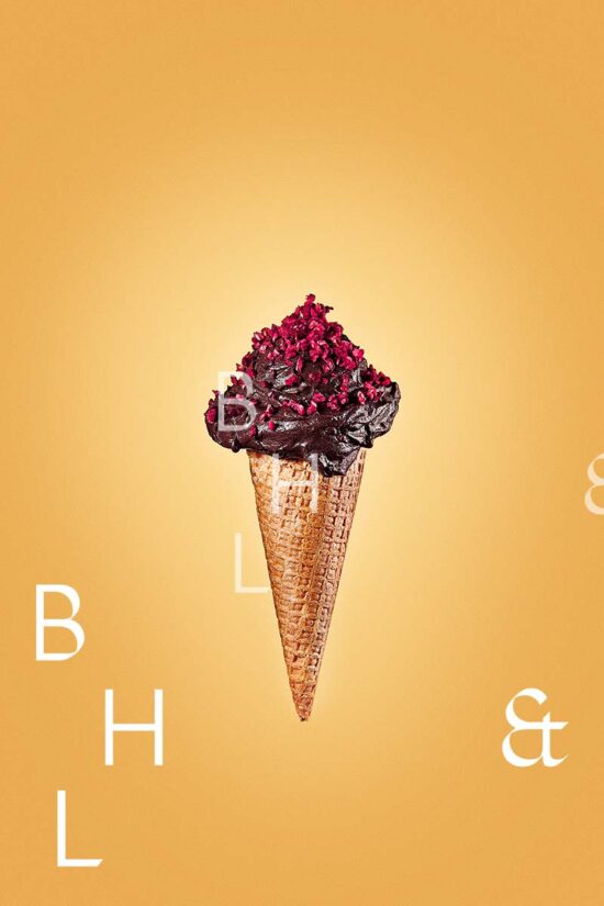 Cocolate icecream with raspberry sprinkles food photography