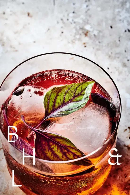 Close Up and Detail shot of Basel Negroni Cocktail Drinks photography available as license